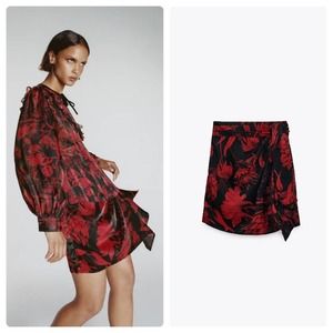 Zara Tied Mini Skirt Floral Black Red Size XS NWT